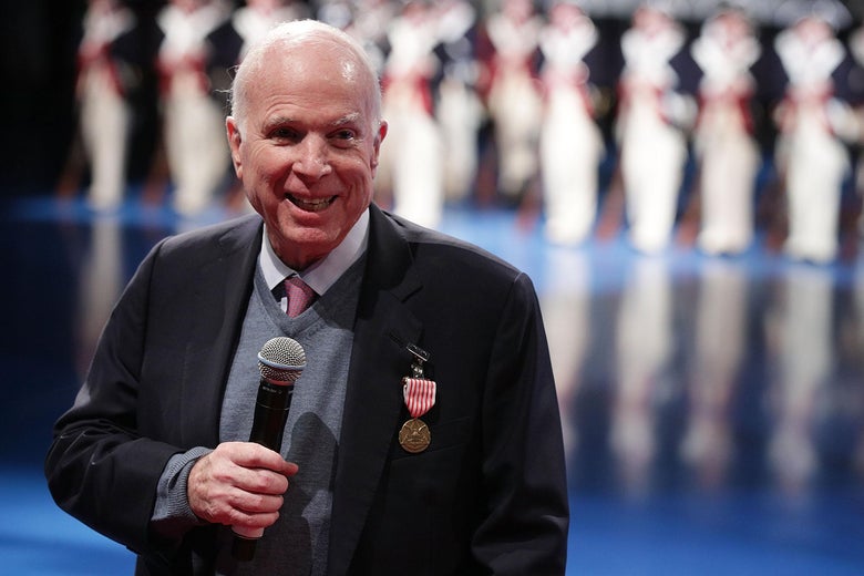 Sen. John McCain (R-AZ) speaks after he was presented with the Outstanding Civilian Service Medal during a special Twilight Tattoo performance November 14, 2017 at Fort Myer in Arlington, Virginia. Sen. McCain was honored for over 63 years of dedicated service to the nation and the U.S. Navy.